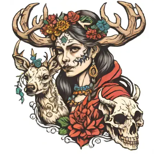 Slavic Woman With Deer Skull Wearing