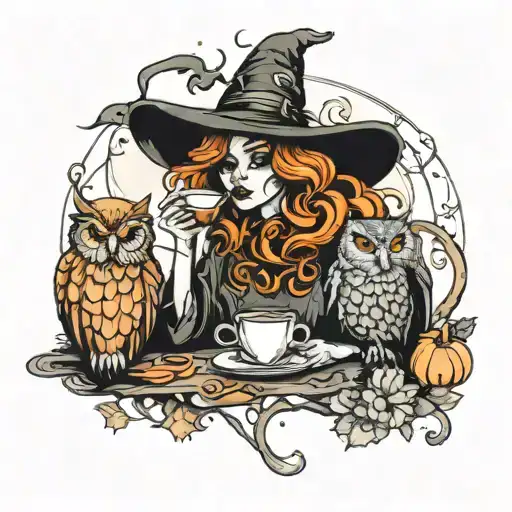 Witch Drinking Coffee With An Owl And Pumpkin