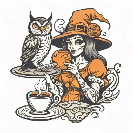 Cartoon Witch Drinking Coffee With A Owl And A Pumpkin