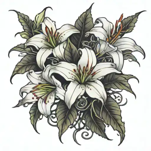 3 White Lilies Surrounding 1 Black Rose Thorns Rope