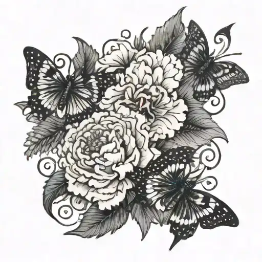Black And Grey Carnations With Realistic Butterflies And Feathers With A Mandala