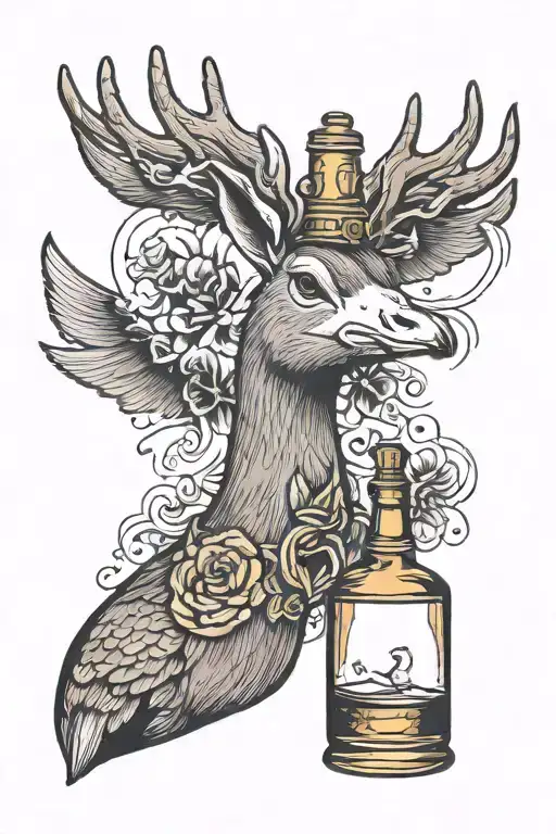 A Goose With Deer Horns Holding Whiskey Bottle