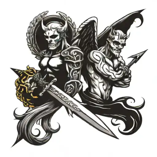 Angel And Devil Standing Side By Side With A Dagger Between Them And A Moth On The Dagger