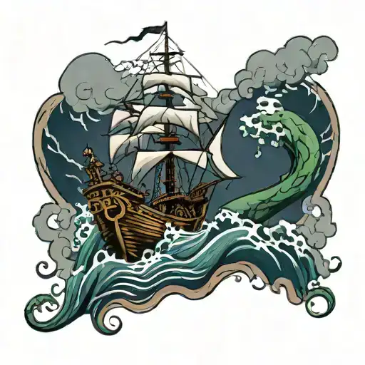Kraken Breaking Ship Sailing Through Stormy