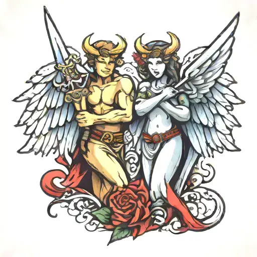 Angel And Devil Standing Side By Side With A Dagger Between Them And A Moth On The Dagger