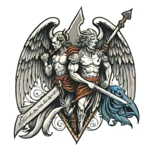Angel And Devil Standing Side By Side With A Dagger Between Them And A Moth On The Dagger