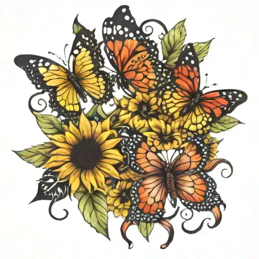 4 Butterflies With Sunflower Intertwined