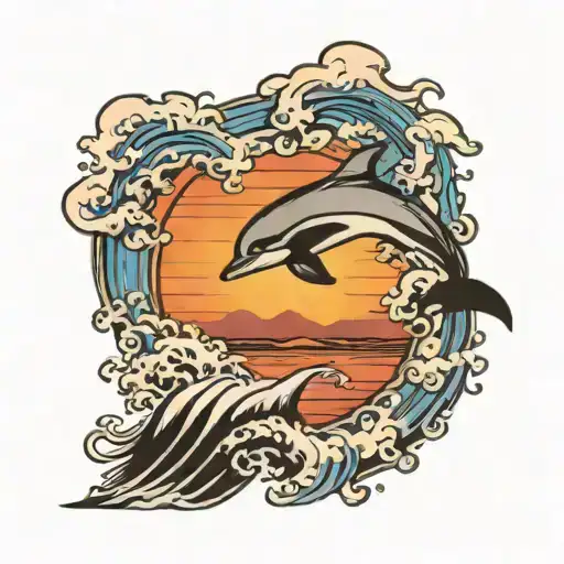 Dolphin Jumping Out Of Water During Sunset Sky