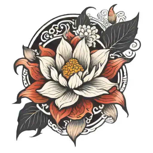 Japanese Lotus With Koi Fish Red Black Leg