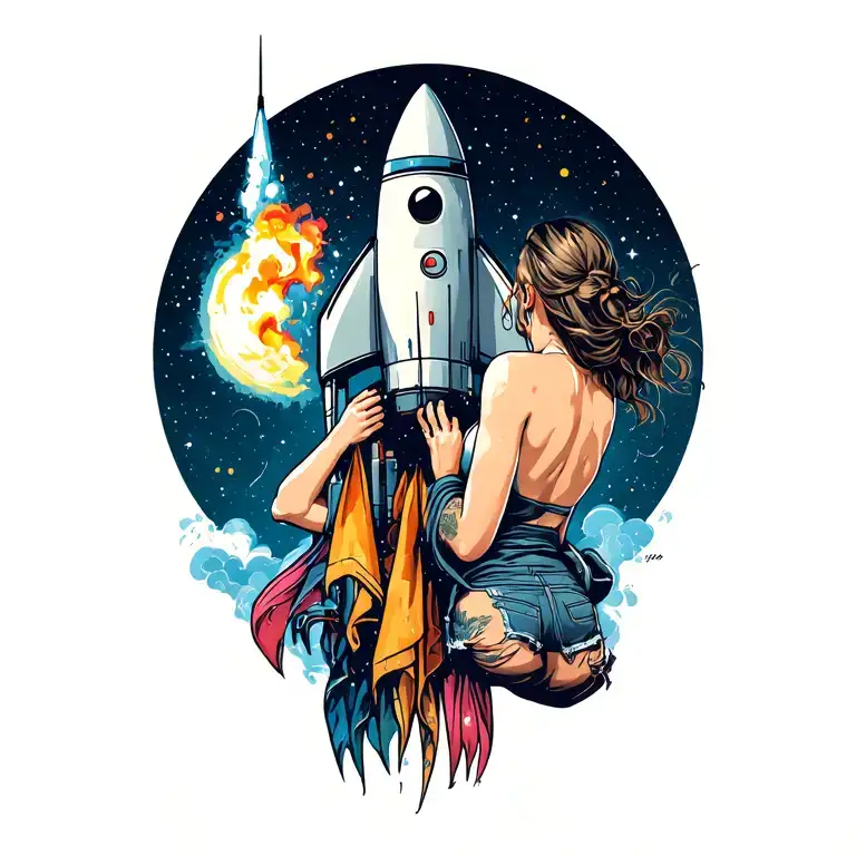 A Rocket Flying By A Girl Yanking Her Clothes Off
