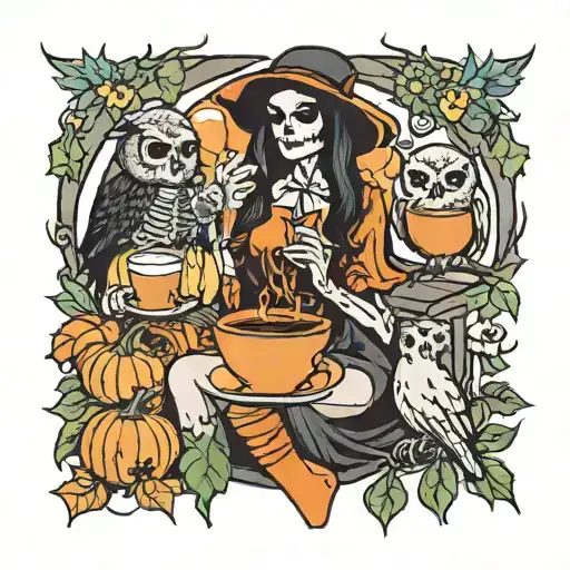 Skeleton Witch Drinking Coffee With A Owl And A Pumpkin With Sunflowers