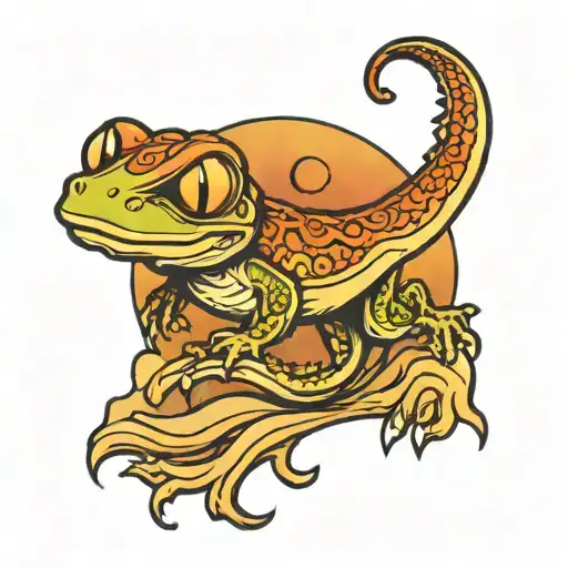 Cartoon Geko Sandy Surf Sunset Sky