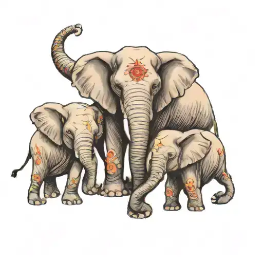 Elephant With 3 Babies