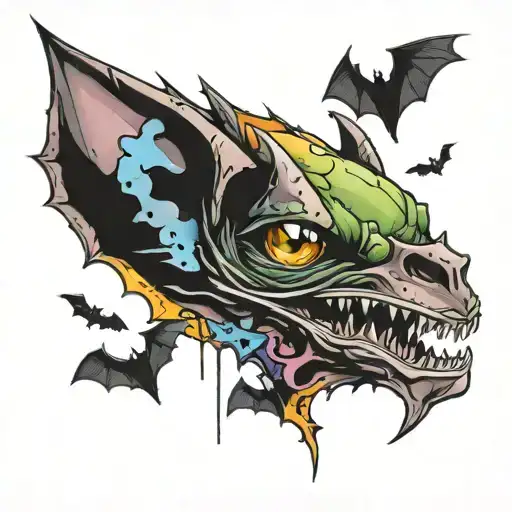 Realistic Bat Face With Half Of It Shattered Like Glass And Colourful