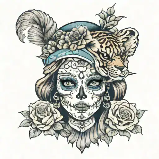 La Catrina With Skull On Her Head And A Tiger Below