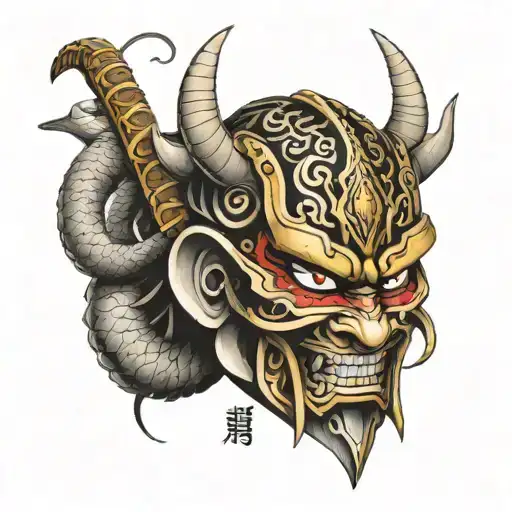 A Neotraditional Style Samurai Mask With Serpents Weaving Through The Design