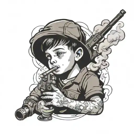 Little Boy Smoking Cigarettes And Hold A Gun In His Hand