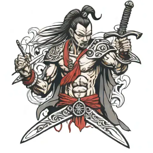 Samruai Tattoo With Sword In Both Hands Ready To Fight With Blood