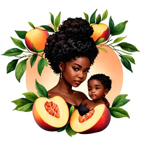 Black Mom And Child In Peach Fruit