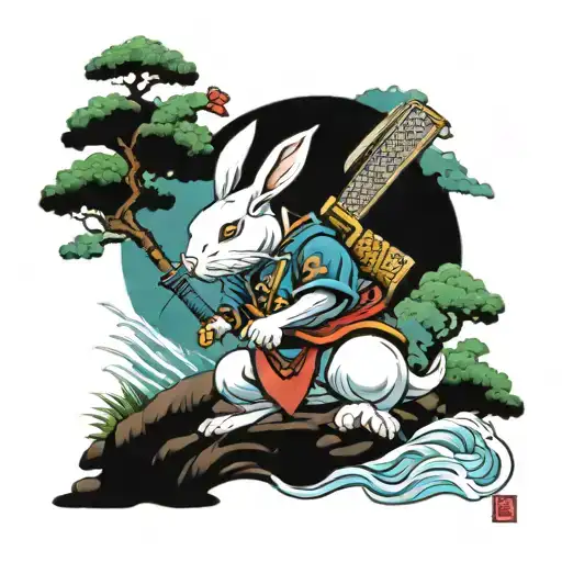 Rabbit Samurai With Bonzai Tree And Water With Coy Fish