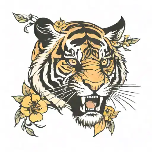 Angry Tiger With Flowers Blooming
