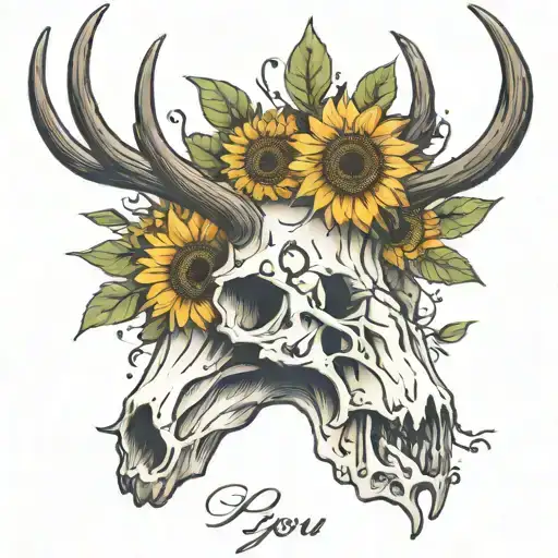 Elk Skull With The Words I Love You Through It With Just A Sunflower On The Antlers