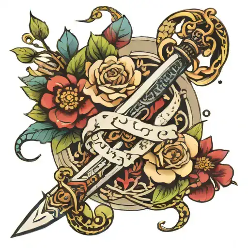Sword Surounded By Snake And Flowers