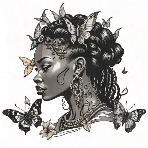 Black African Queen With Scorpion Head Dress Surrounded By Butterflies