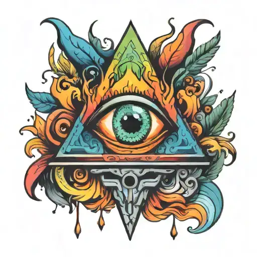 1960S Scifi Flaming Third Eye Tattoo In Rainbow Colours