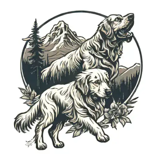 Golden Retriever In Front Of Mountain Range