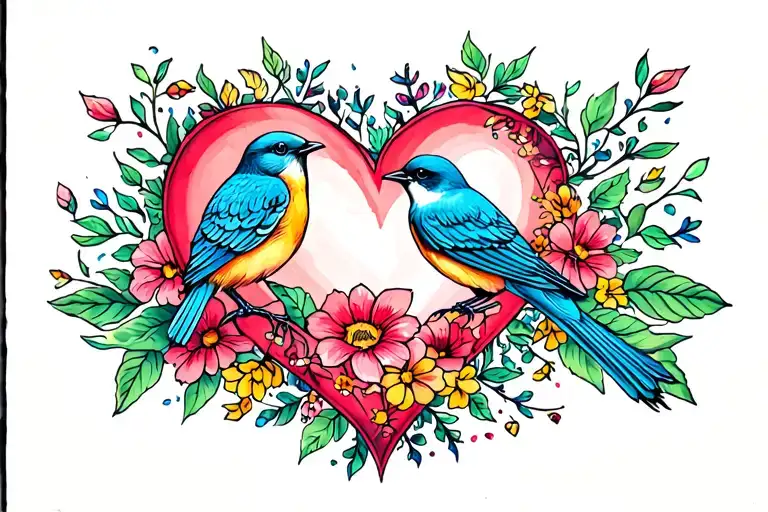 Heart With Bird Inside And Flowers
