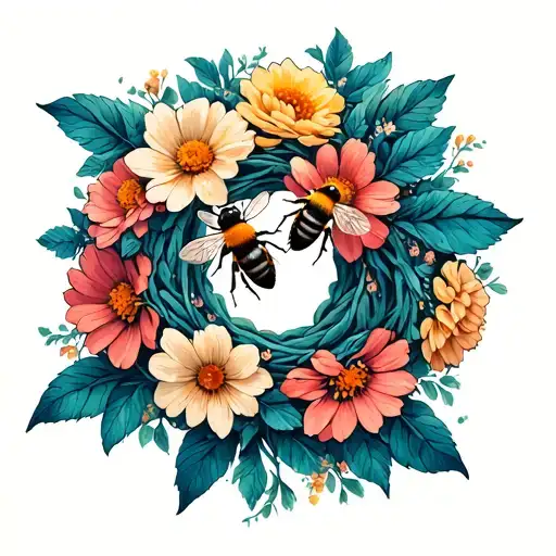 Bees With A Ring Of Flowers Wrapped Tightly With The Center Open