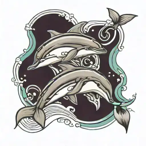 Mother Dolphin Swimming With Baby Dolphin Jumping