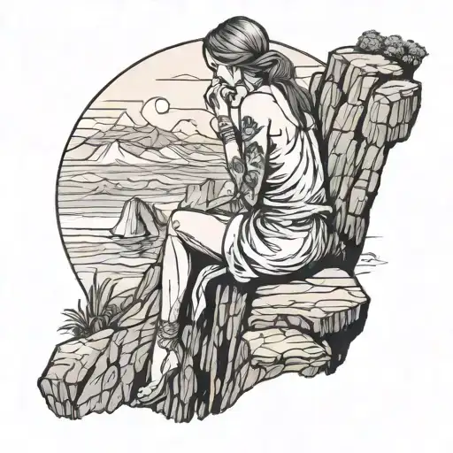 Draw Me A Fine Line Tattoo Of A Woman From Behind Sitting On The Edge Of A Cliff