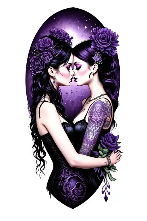 Two Goth Girls Kissing Each Other One Wearing Purple