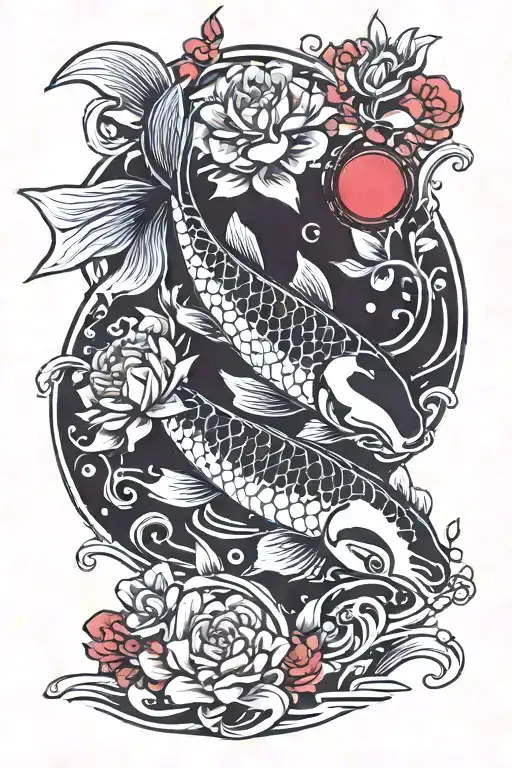 Chopping Koi Carp Swims In The Water Against The Background Of The Red Moon And Flowers