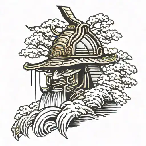 Samurai Helmet With Japanese Waterfall Background