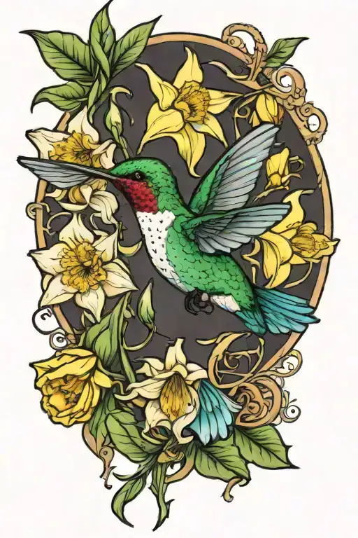 Hummingbird Feeding On Daffodils