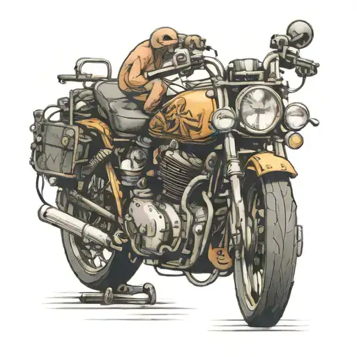 A Vintage Motorcycle Being Restored By Mechanical Animal Characters