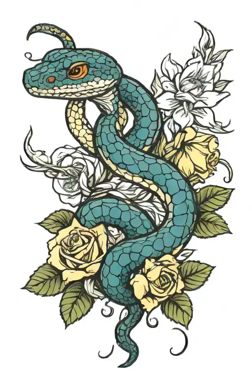 Snake With Rose And Daffodil Piercing Through Its Skin