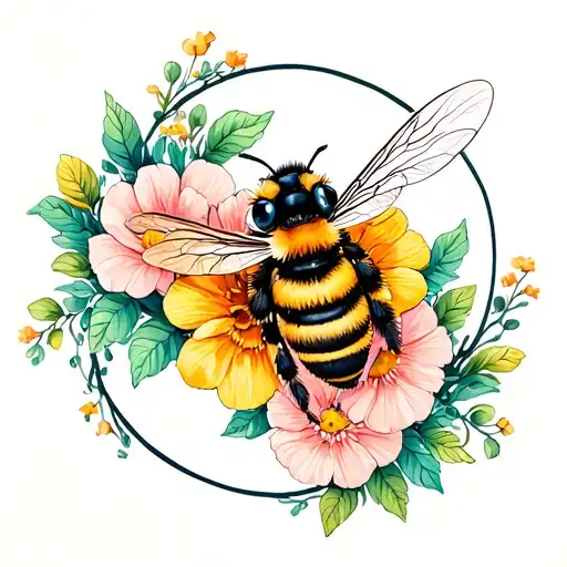 Circle Of Flowers And A Bee