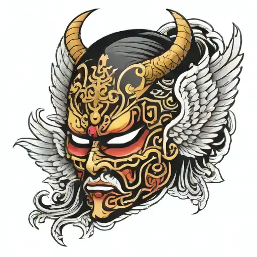 Japanese Mask With Angel Face With A Scar