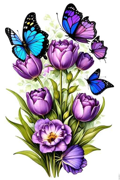 Purple Tulips And Butterflies Fluttering