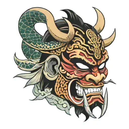 A Neotraditional Style Samurai Mask With Serpents Weaving Through The Design