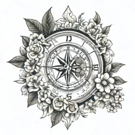 Put All Birth Flowers In The Background Of A Compass That Has A Texas Bearing