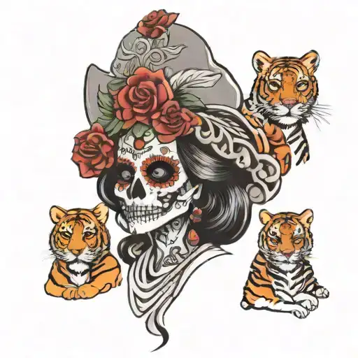 La Catrina With Skull On Her Head And A Tiger Below