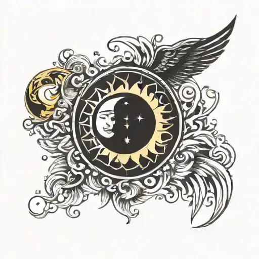 Circular Tatto Design Where The Sun And Moon Are Intertwined In An Endless Chase