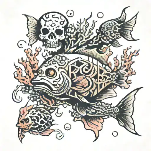 Fish Swimming Thru Corals Of Skulls