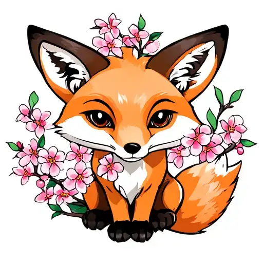 Fox Sitting With Cherry Blossoms Blooming