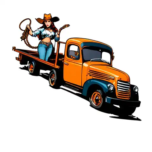 Tow Truck With A Cow Girl Holding A Lasso